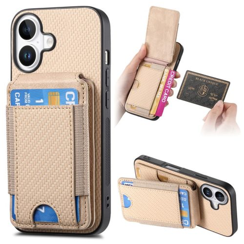 C1-12 For iPhone 16 Case Card Holder Leather+PC+TPU Kickstand Phone Cover - Khaki