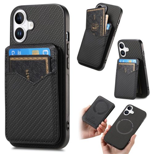 C1-14 For iPhone 16 Case Carbon Fiber Texture Leather+TPU Kickstand Phone Cover Detachable Card Holder - Black