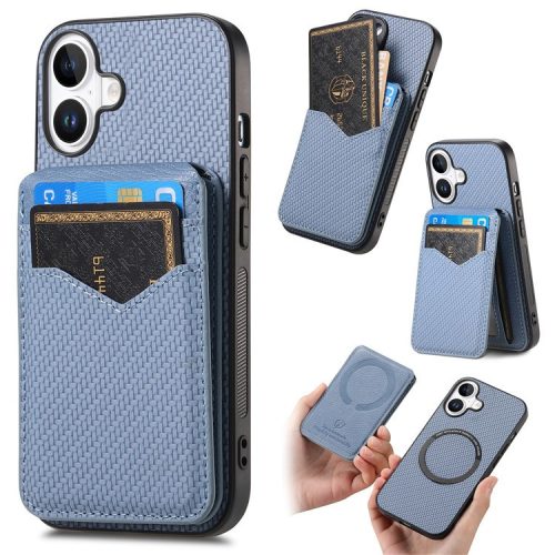 C1-14 For iPhone 16 Case Carbon Fiber Texture Leather+TPU Kickstand Phone Cover Detachable Card Holder - Blue