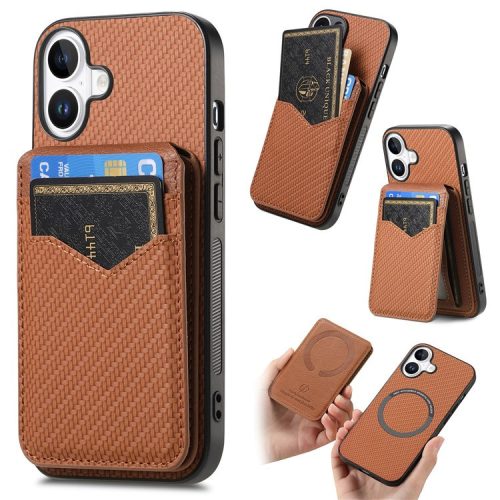 C1-14 For iPhone 16 Case Carbon Fiber Texture Leather+TPU Kickstand Phone Cover Detachable Card Holder - Brown