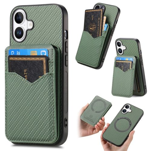 C1-14 For iPhone 16 Case Carbon Fiber Texture Leather+TPU Kickstand Phone Cover Detachable Card Holder - Green