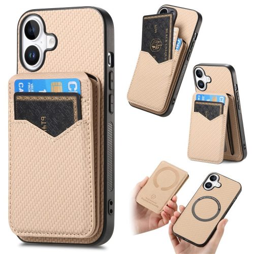 C1-14 For iPhone 16 Case Carbon Fiber Texture Leather+TPU Kickstand Phone Cover Detachable Card Holder - Khaki