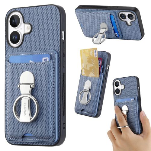 C1-9 For iPhone 16 Case Kickstand Leather Card Slots Back Cover Carbon Fiber Texture - Blue