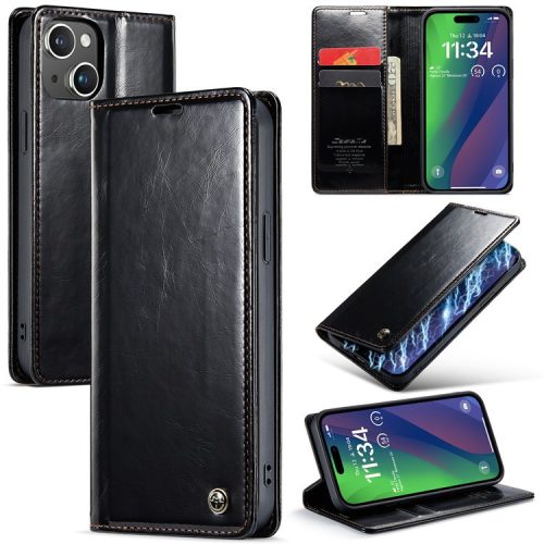 CASEME 003 Series For iPhone 16 Case Retro Leather Wallet Flip Phone Cover - Black