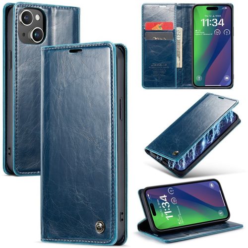 CASEME 003 Series For iPhone 16 Case Retro Leather Wallet Flip Phone Cover - Blue