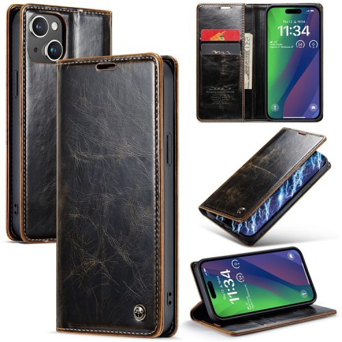 CASEME 003 Series For iPhone 16 Case Retro Leather Wallet Flip Phone Cover - Coffee