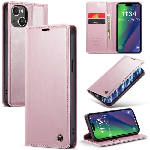 CASEME 003 Series For iPhone 16 Case Retro Leather Wallet Flip Phone Cover - Pink