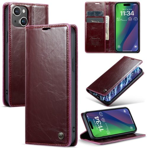 CASEME 003 Series For iPhone 16 Case Retro Leather Wallet Flip Phone Cover - Wine Red