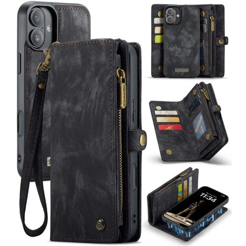 CASEME 008 Series for iPhone 16 Case Leather Phone Cover Zipper Pocket Wallet - Black