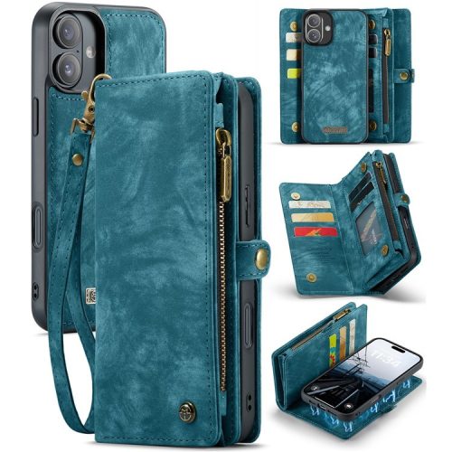 CASEME 008 Series for iPhone 16 Case Leather Phone Cover Zipper Pocket Wallet - Blue