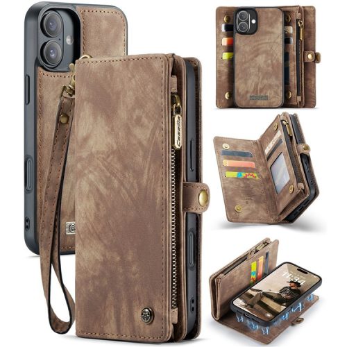 CASEME 008 Series for iPhone 16 Case Leather Phone Cover Zipper Pocket Wallet - Brown