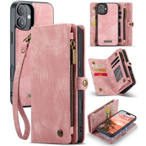 CASEME 008 Series for iPhone 16 Case Leather Phone Cover Zipper Pocket Wallet - Pink