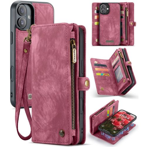 CASEME 008 Series for iPhone 16 Case Leather Phone Cover Zipper Pocket Wallet - Red