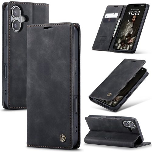 CASEME 013 Series For iPhone 16 Case Card Holder Stand Leather Phone Cover - Black