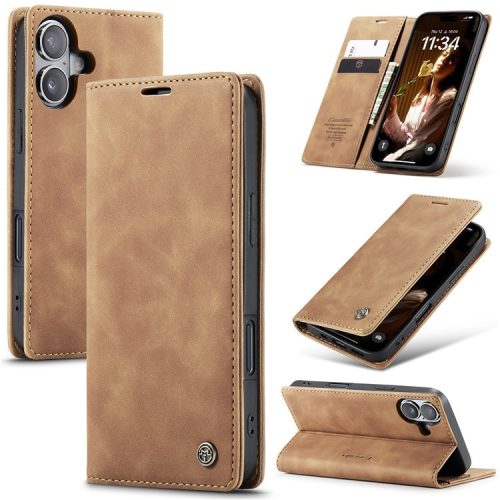 CASEME 013 Series For iPhone 16 Case Card Holder Stand Leather Phone Cover - Brown