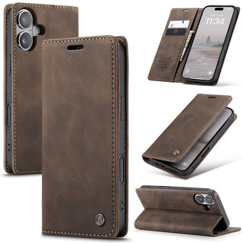 CASEME 013 Series For iPhone 16 Case Card Holder Stand Leather Phone Cover - Coffee