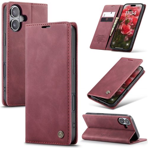 CASEME 013 Series For iPhone 16 Case Card Holder Stand Leather Phone Cover - Red