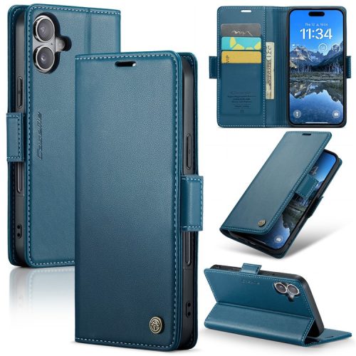 CASEME 023 Series For iPhone 16 Case RFID Blocking Glossy Stand Phone Cover - Blue