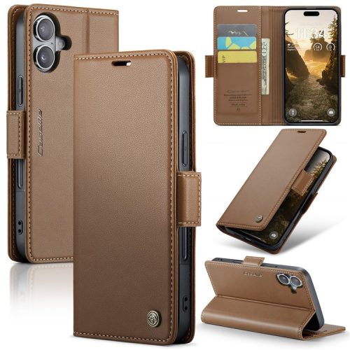 CASEME 023 Series For iPhone 16 Case RFID Blocking Glossy Stand Phone Cover - Brown