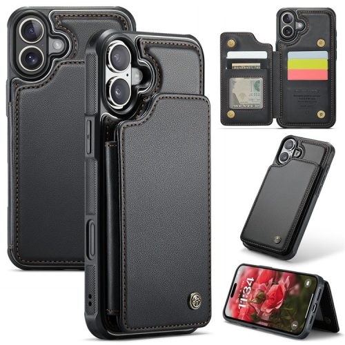 CASEME C22 Series For iPhone 16 Case Leather+TPU Cover RFID Blocking Card Slots - Black