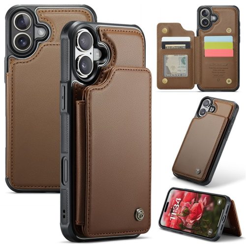 CASEME C22 Series For iPhone 16 Case Leather+TPU Cover RFID Blocking Card Slots - Brown