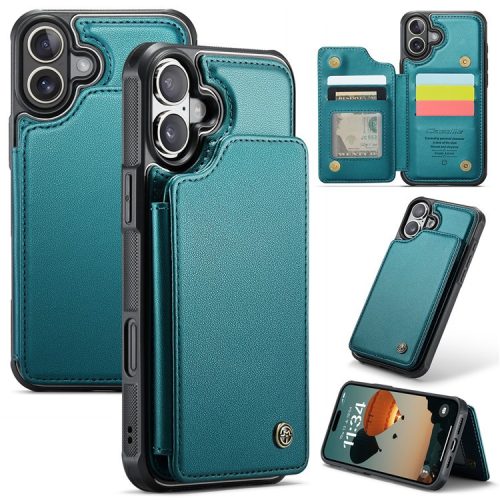 CASEME C22 Series For iPhone 16 Case Leather+TPU Cover RFID Blocking Card Slots - Green