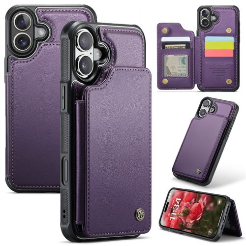 CASEME C22 Series For iPhone 16 Case Leather+TPU Cover RFID Blocking Card Slots - Purple