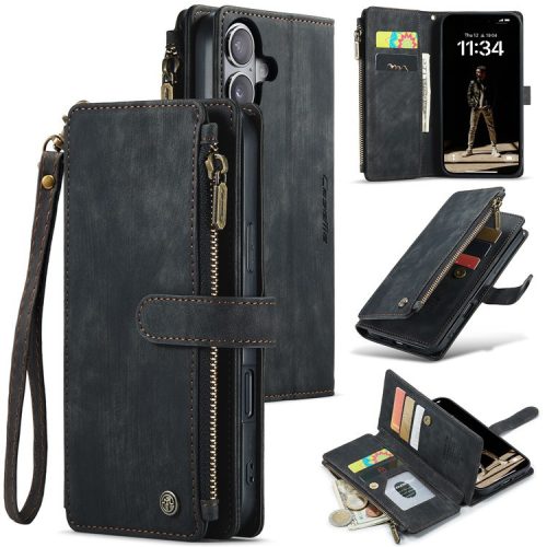 CASEME C30 Series for iPhone 16 Case PU Leather 7 Card Slots Wallet Phone Cover - Black