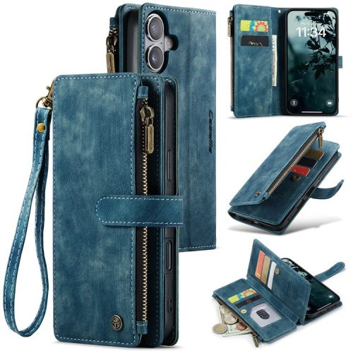 CASEME C30 Series for iPhone 16 Case PU Leather 7 Card Slots Wallet Phone Cover - Blue