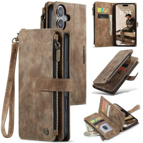 CASEME C30 Series for iPhone 16 Case PU Leather 7 Card Slots Wallet Phone Cover - Brown