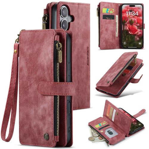 CASEME C30 Series for iPhone 16 Case PU Leather 7 Card Slots Wallet Phone Cover - Red