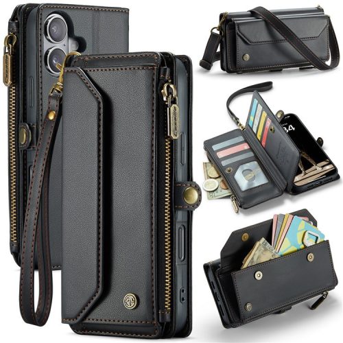 CASEME C36 Series For iPhone 16 Case Crossbody Leather Phone Bag with 7 Card Slots - Black