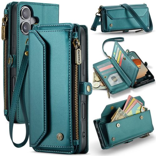 CASEME C36 Series For iPhone 16 Case Crossbody Leather Phone Bag with 7 Card Slots - Green