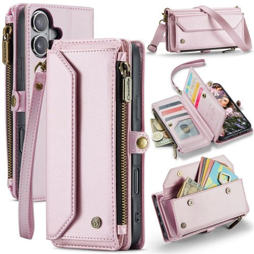 CASEME C36 Series For iPhone 16 Case Crossbody Leather Phone Bag with 7 Card Slots - Pink