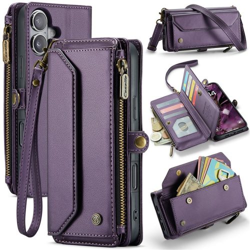 CASEME C36 Series For iPhone 16 Case Crossbody Leather Phone Bag with 7 Card Slots - Purple