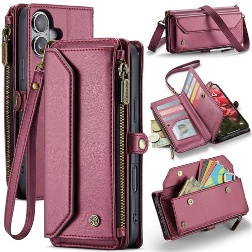 CASEME C36 Series For iPhone 16 Case Crossbody Leather Phone Bag with 7 Card Slots - Wine Red