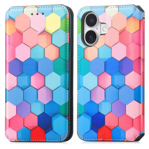 CASENEO 001 Series for iPhone 16 Case RFID Blocking Wallet Leather Cover Pattern Print - Colorful Honeycomb