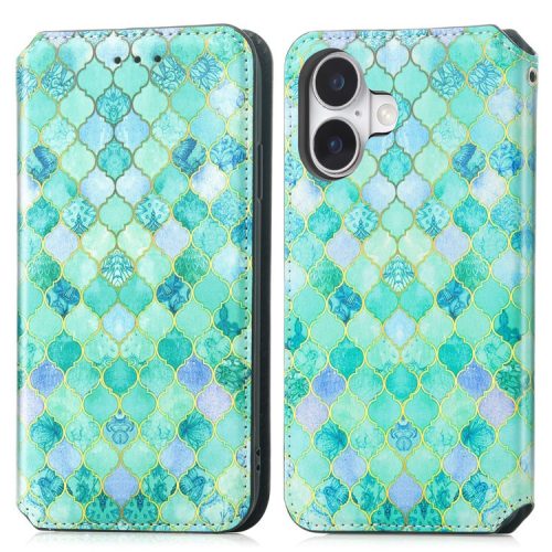 CASENEO 001 Series for iPhone 16 Case RFID Blocking Wallet Leather Cover Pattern Print - Emerald