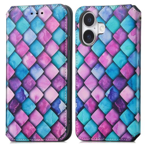 CASENEO 001 Series for iPhone 16 Case RFID Blocking Wallet Leather Cover Pattern Print - Purple Scale