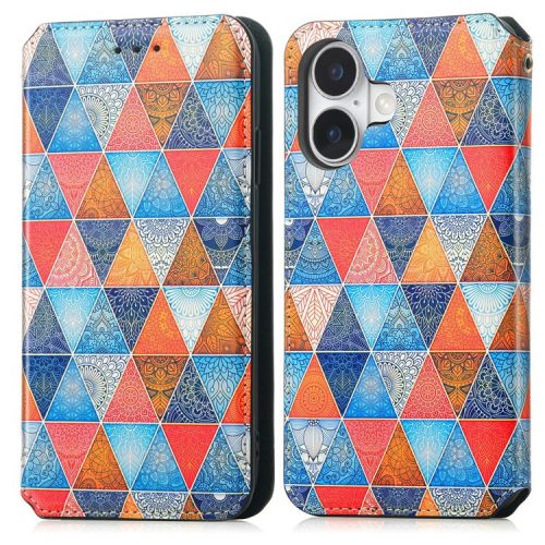 CASENEO 001 Series for iPhone 16 Case RFID Blocking Wallet Leather Cover Pattern Print - Rhombus  /  Mandala