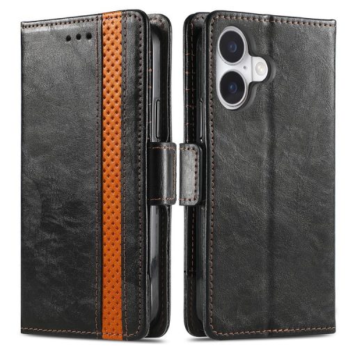 CASENEO 002 Series For iPhone 16 Case Stand Wallet Splicing PU Leather Cover - Black