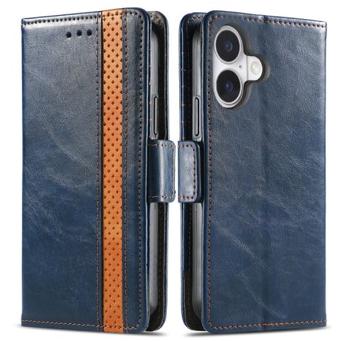 CASENEO 002 Series For iPhone 16 Case Stand Wallet Splicing PU Leather Cover - Dark Blue