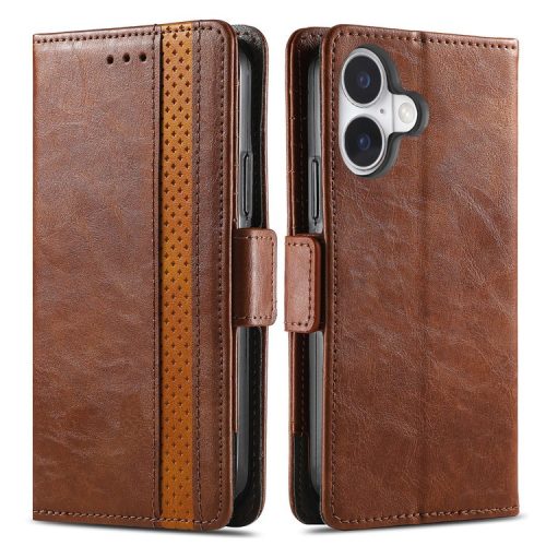 CASENEO 002 Series For iPhone 16 Case Stand Wallet Splicing PU Leather Cover - Dark Brown