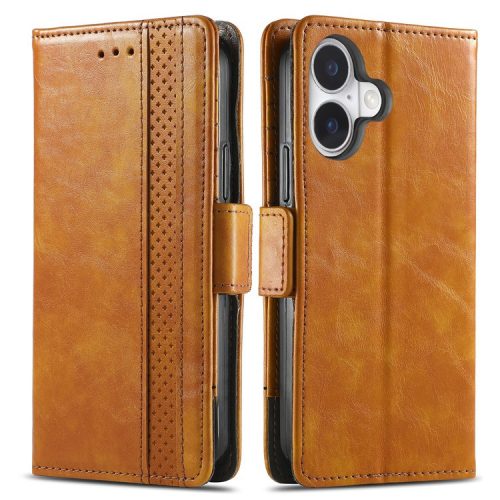 CASENEO 002 Series For iPhone 16 Case Stand Wallet Splicing PU Leather Cover - Light Brown