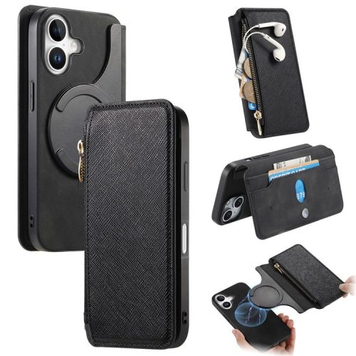 CASENEO For iPhone 16 Case Cross Texture Leather Detachable Magnetic Phone Cover - Black