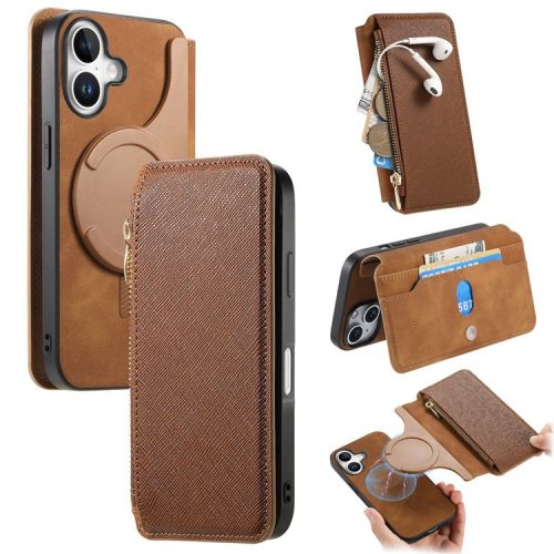 CASENEO For iPhone 16 Case Cross Texture Leather Detachable Magnetic Phone Cover - Brown