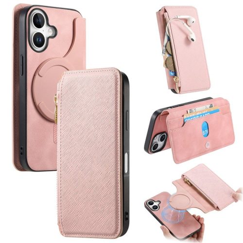 CASENEO For iPhone 16 Case Cross Texture Leather Detachable Magnetic Phone Cover - Pink