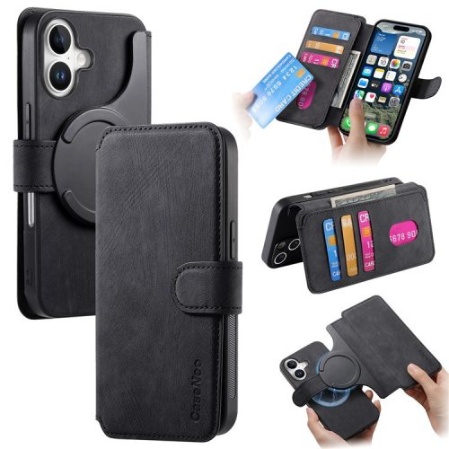 CASENEO For iPhone 16 Case Detachable Wallet Leather+TPU Phone Cover - Black