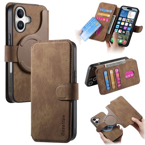 CASENEO For iPhone 16 Case Detachable Wallet Leather+TPU Phone Cover - Brown