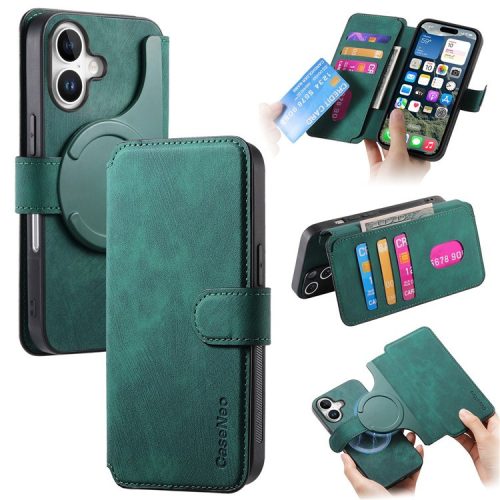 CASENEO For iPhone 16 Case Detachable Wallet Leather+TPU Phone Cover - Green